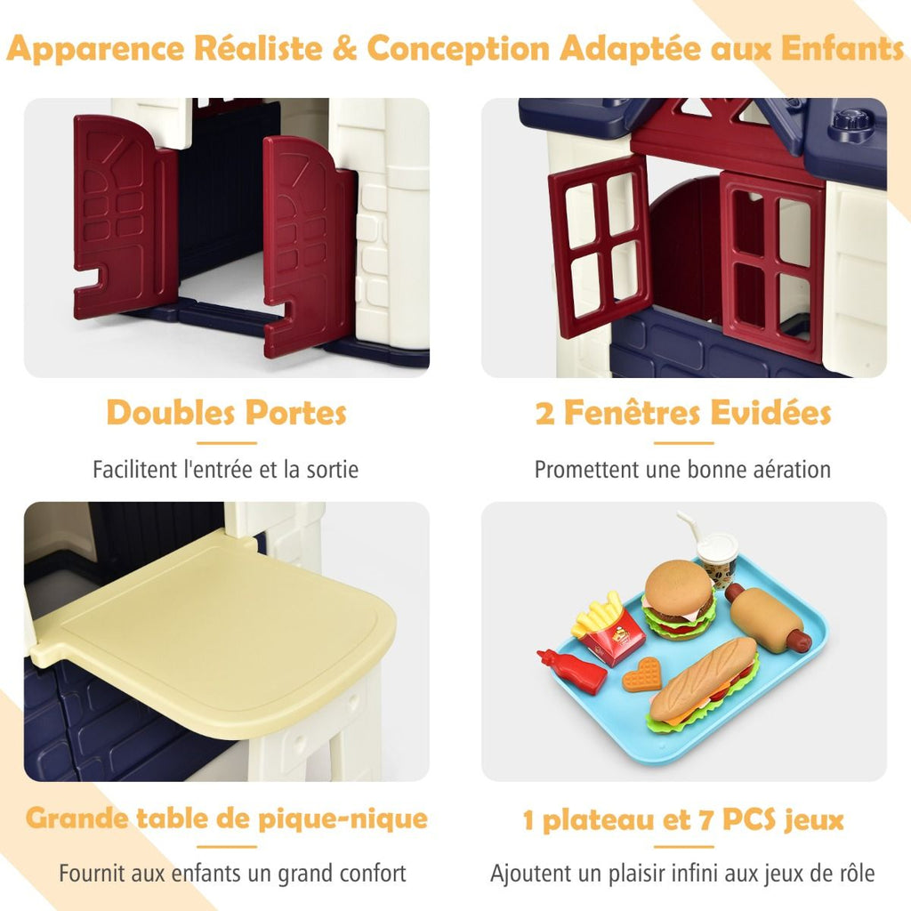 Maison Chef House -Thème Burger Bar - Table de Pique Nique Cabane de Jardin Anti-UV en Plastique 164x124x132 cm Bleu/Rose/Jaune