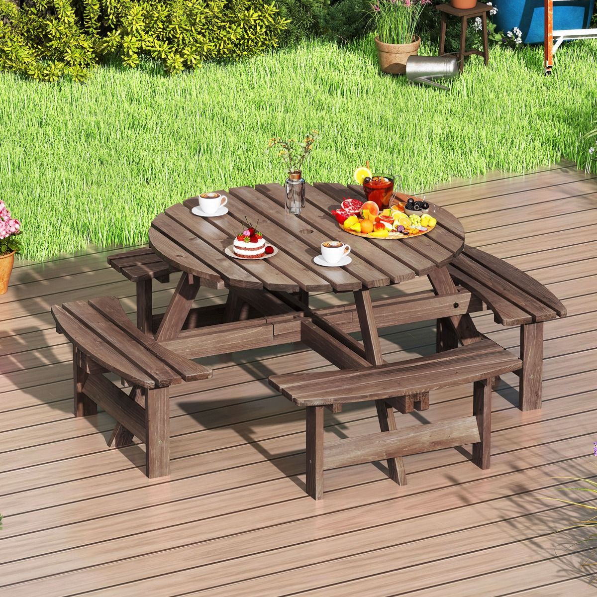 Ensemble Table de Pique-Nique en Bois pour 2 à 8 Personnes Set Table et Banc Circulaire avec 4 Bancs Intégrés Trou de Parasol de 5cm Marron/Jaune