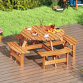 Ensemble Table de Pique-Nique en Bois pour 2 à 8 Personnes Set Table et Banc Circulaire avec 4 Bancs Intégrés Trou de Parasol de 5cm Marron/Jaune