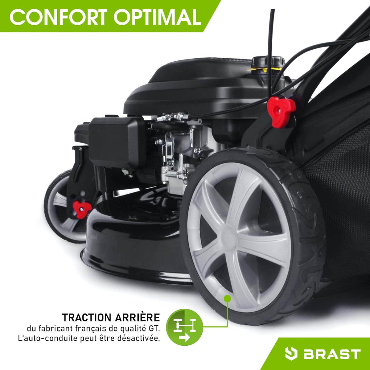 BRAST tondeuse thermique 3 roues TRIKE E-START 224cc 53cm tractée démarrage électrique mulching 4en1 capot en t?le en acier 60l - moteur 4 temps de la marque fran?aise GT reglable