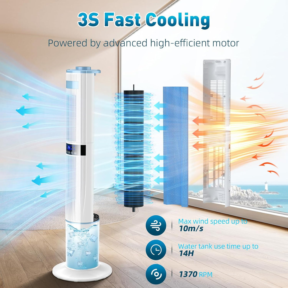 Climatiseur Mobile Silencieux Rafra?chisseur d'air avec Humidificateur, Ventilateur, 2 Sortie d'air, 360°Oscillation, 65W, 24H Minuteries, 3 Vitesses, 4 Modes,Télécommande pour Chambre Bureau